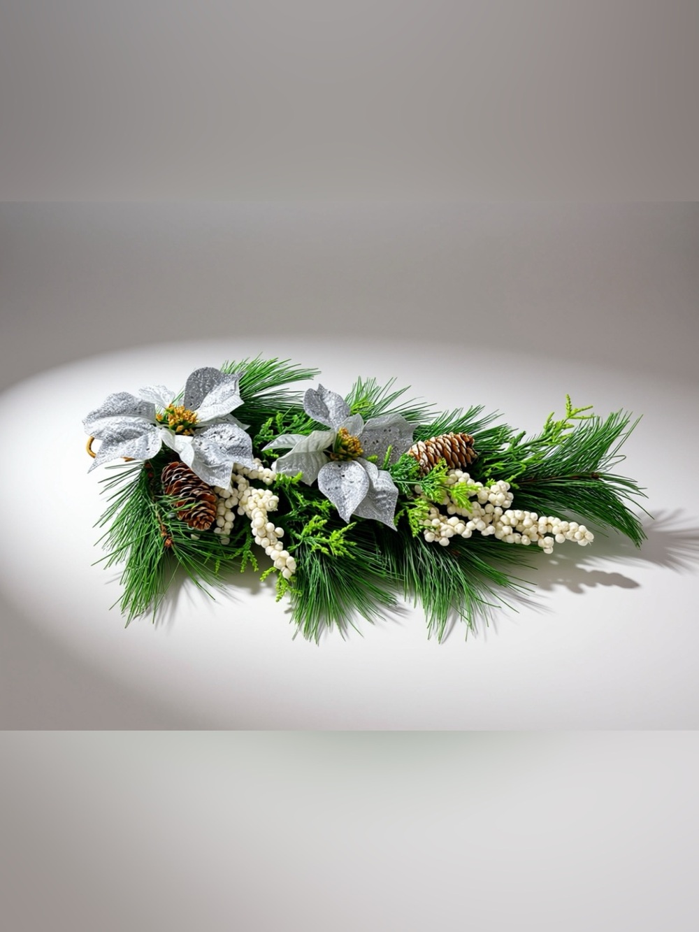 Festive Silver Poinsettia Pine Garland - Home Holiday - Pinecone Accent - 23x13